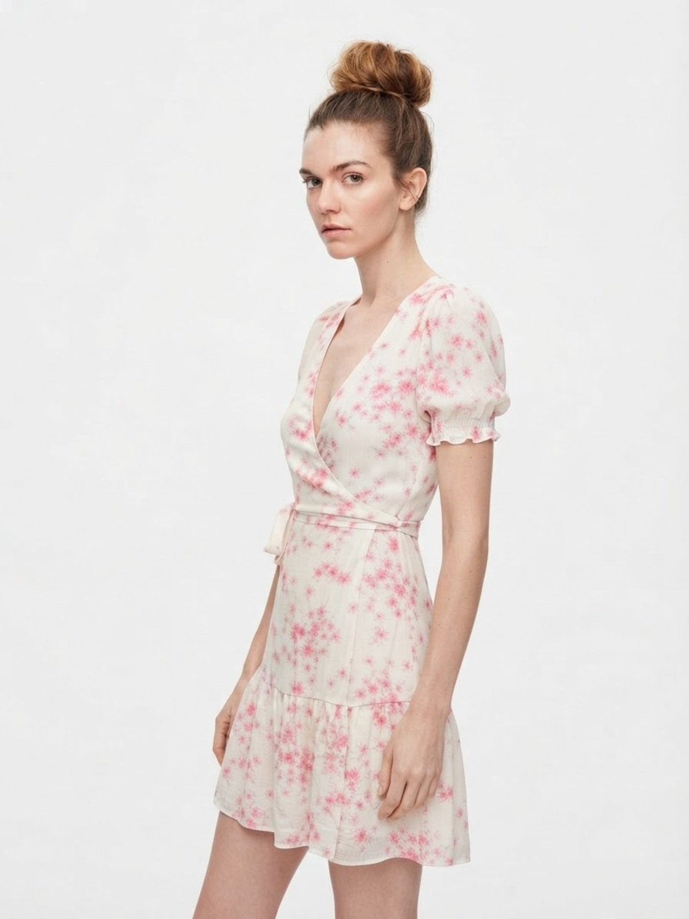 Gianni Bini Cream and Light Pink Floral Wrap Mini Dress